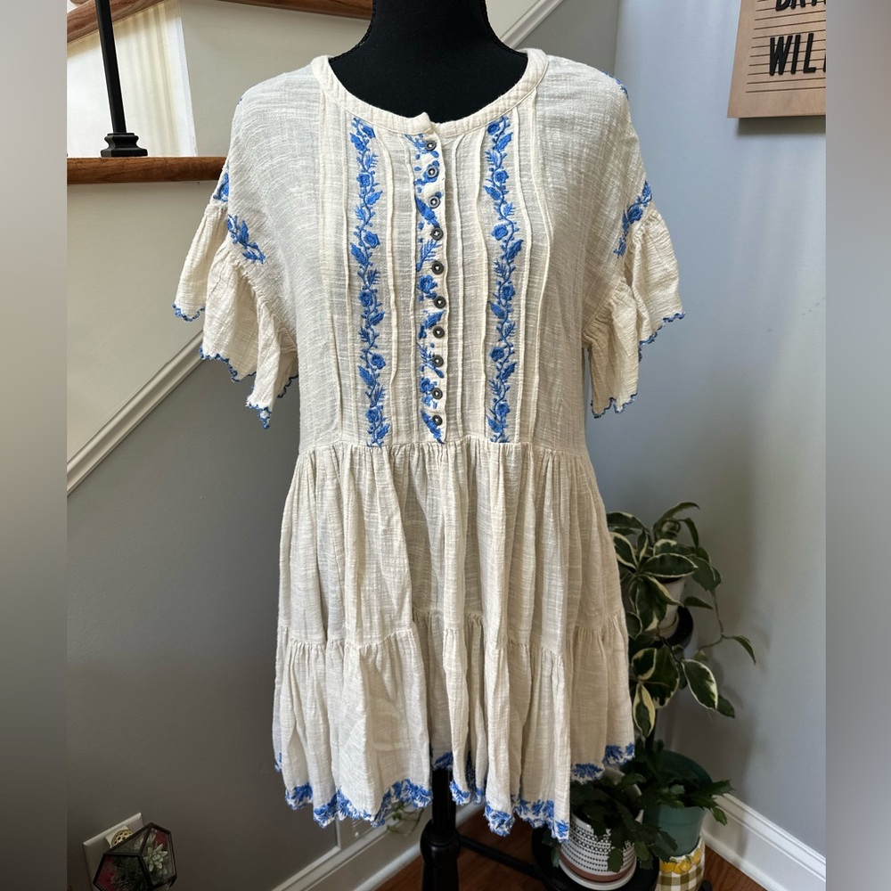 Santiago Cream and Blue Floral Embroidered Mini Dress